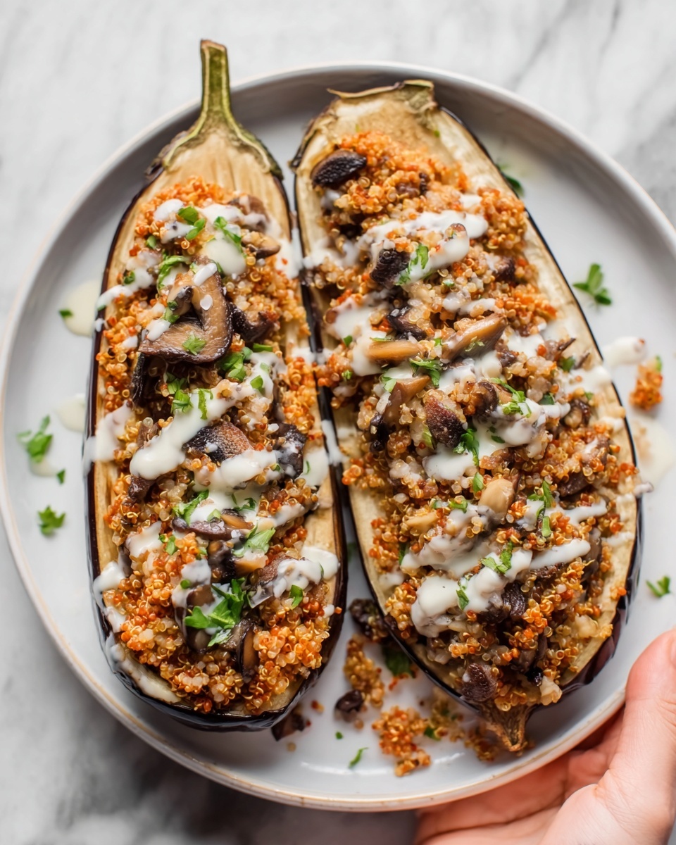 The image shows a white plate holding two long, split eggplants filled with a layered mix of orange-brown cooked quinoa and sliced dark brown mushrooms. The quinoa layer looks soft and grainy, filling the hollowed eggplants thickly. The mushrooms are scattered on top and mixed within the quinoa. A white sauce is drizzled over the filling in thin streaks, with small green herb bits sprinkled across the dish, adding a fresh touch. The plate is set on a white marbled surface. Woman's hand is gently holding one side of the plate. Photo taken with an iphone --ar 4:5 --v 7