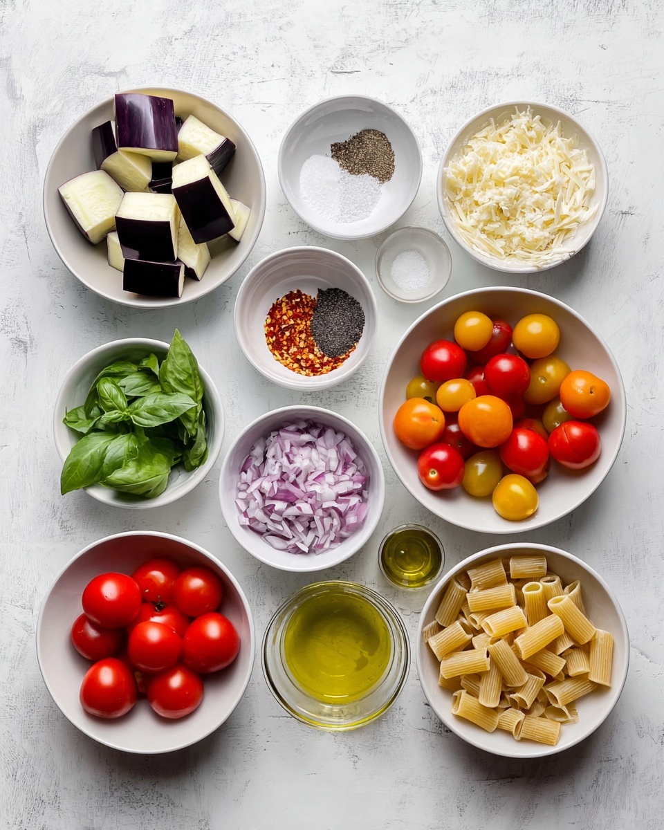 The image shows eleven small white bowls on a white marbled surface, each with different ingredients for a recipe. Starting from the top left, there is a bowl with large chunks of purple eggplant with white flesh. Next to it, a bowl of coarse salt, then a bowl of ground black pepper, and a bowl with red chili flakes. To the right is a bowl filled with small, round cherry tomatoes in red, orange, yellow, and green colors. Below the tomatoes, a bowl with finely chopped red onion. On the bottom left is a bowl with three red tomatoes, next to it a bowl with white grated cheese. A bowl of uncooked short tube pasta sits beside the cheese. In the middle, a small bowl of fresh green basil leaves, a bowl of sliced white garlic, and a glass bowl with golden olive oil finish the set. All bowls are arranged orderly on the white marbled texture. Photo taken with an iphone --ar 4:5 --v 7