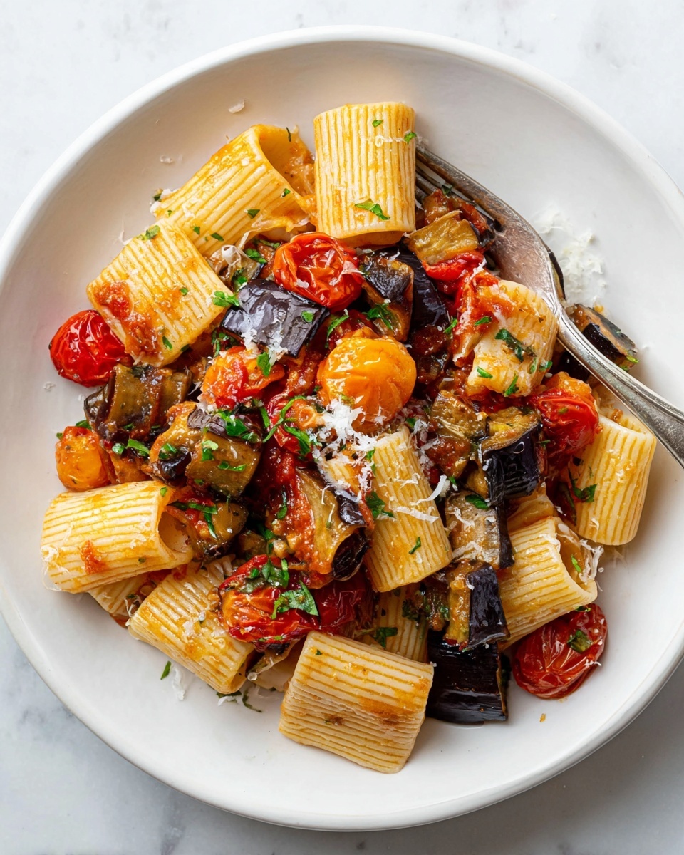 A large white pot filled with rigatoni pasta mixed with chunks of roasted eggplant and small cherry tomatoes. The rigatoni is light golden yellow, coating slightly with red tomato sauce. The eggplant pieces are dark purple outside and soft brown inside, scattered evenly. Fresh green basil leaves are thinly sliced and spread over the pasta. Around the pot, there are three small white bowls containing grated cheese, red chili flakes, and coarse salt placed on a white marbled surface. The scene is clean and well lit with natural light, showing textures and colors clearly. Photo taken with an iphone --ar 4:5 --v 7