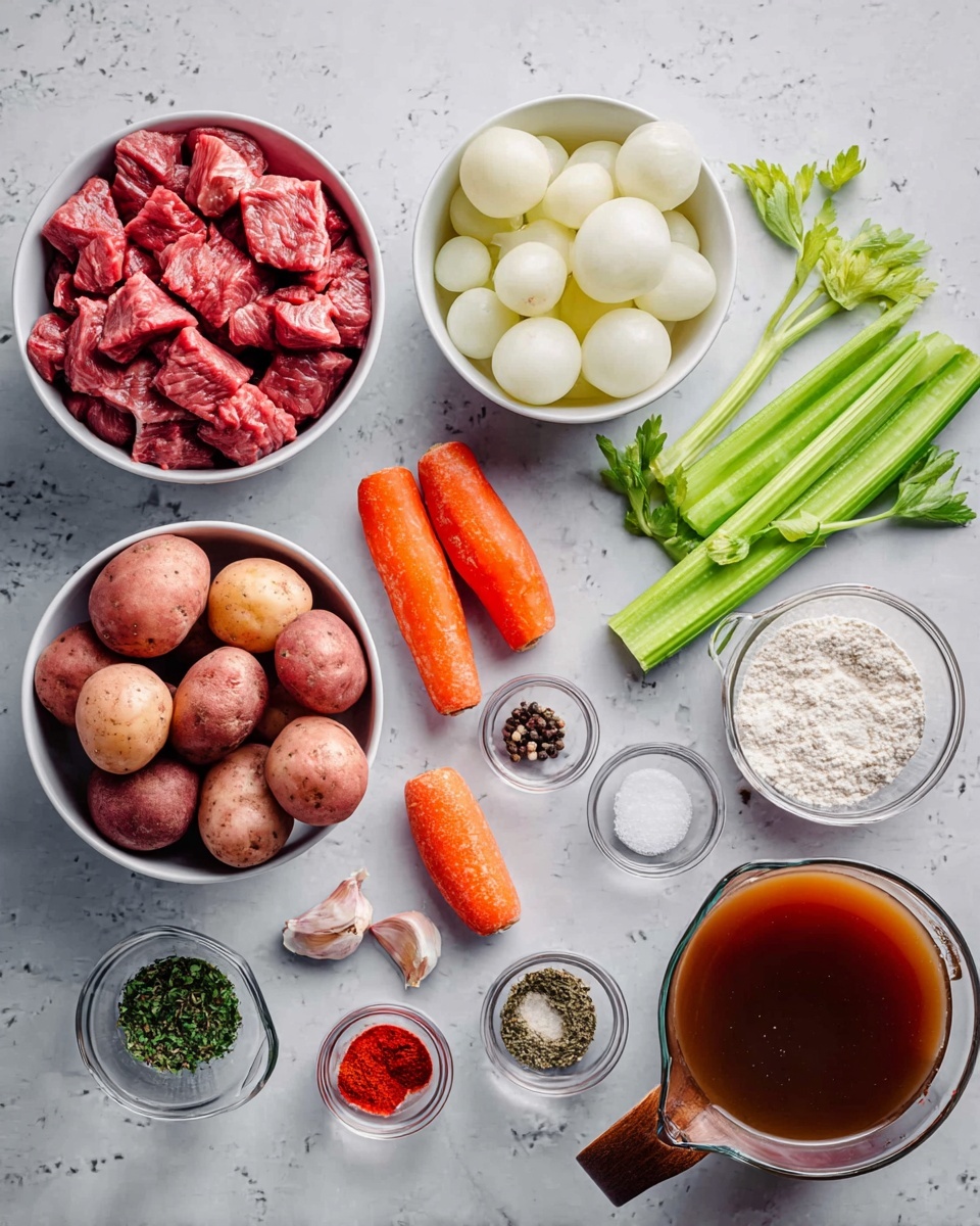 A top view of various ingredients on a white marbled surface including a white bowl of red raw meat pieces in the top center, a white bowl of small red potatoes on the left, and a white bowl filled with peeled small white onions slightly below the meat. Below the potatoes, there are three bright orange carrots. To the right of the onions, three green celery stalks with leaves lie diagonally. Scattered around these are small clear bowls containing spices such as black pepper, green herbs, and salt, as well as two garlic cloves near the celery. On the right side, there is a clear glass measuring cup filled with dark brown broth, a smaller glass bowl with white flour, a small cup with a dark liquid and a wooden handle, and a few other small bowls with salt and a red spice. On the left side, a small glass bowl contains a dollop of red paste. photo taken with an iphone --ar 4:5 --v 7