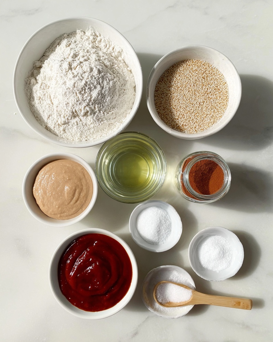 Seven small white bowls and a jar are on a white marbled surface. The largest bowl at the top center holds a light, powdery white flour. To the right of it is a jar with a grainy beige powder, and below that is a bowl with clear yellow oil. Next to the oil bowl is a clear glass cup with water. Beneath the flour bowl on the left side is a bowl with light brown creamy peanut butter, and to its right is a bowl with thick, dark red sauce. At the bottom left is a dark jar with a small wooden spoon inside holding beige yeast powder. Two small white bowls with a fine white powder are placed side by side in the lower middle area. Soft shadows fall across the scene in natural light. photo taken with an iphone --ar 4:5 --v 7