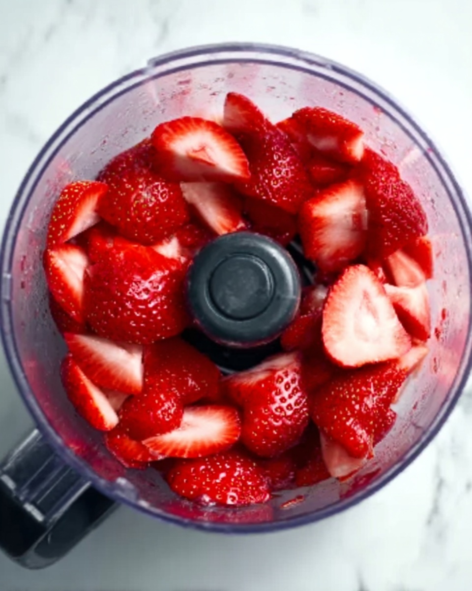 A clear food processor bowl filled with many red strawberry pieces, some sliced and some whole, showing their seeds and juicy texture. The strawberries are bright red with soft pink insides, arranged loosely inside the bowl around a central black blade. The background is a white marbled surface. The photo taken with an iphone --ar 4:5 --v 7