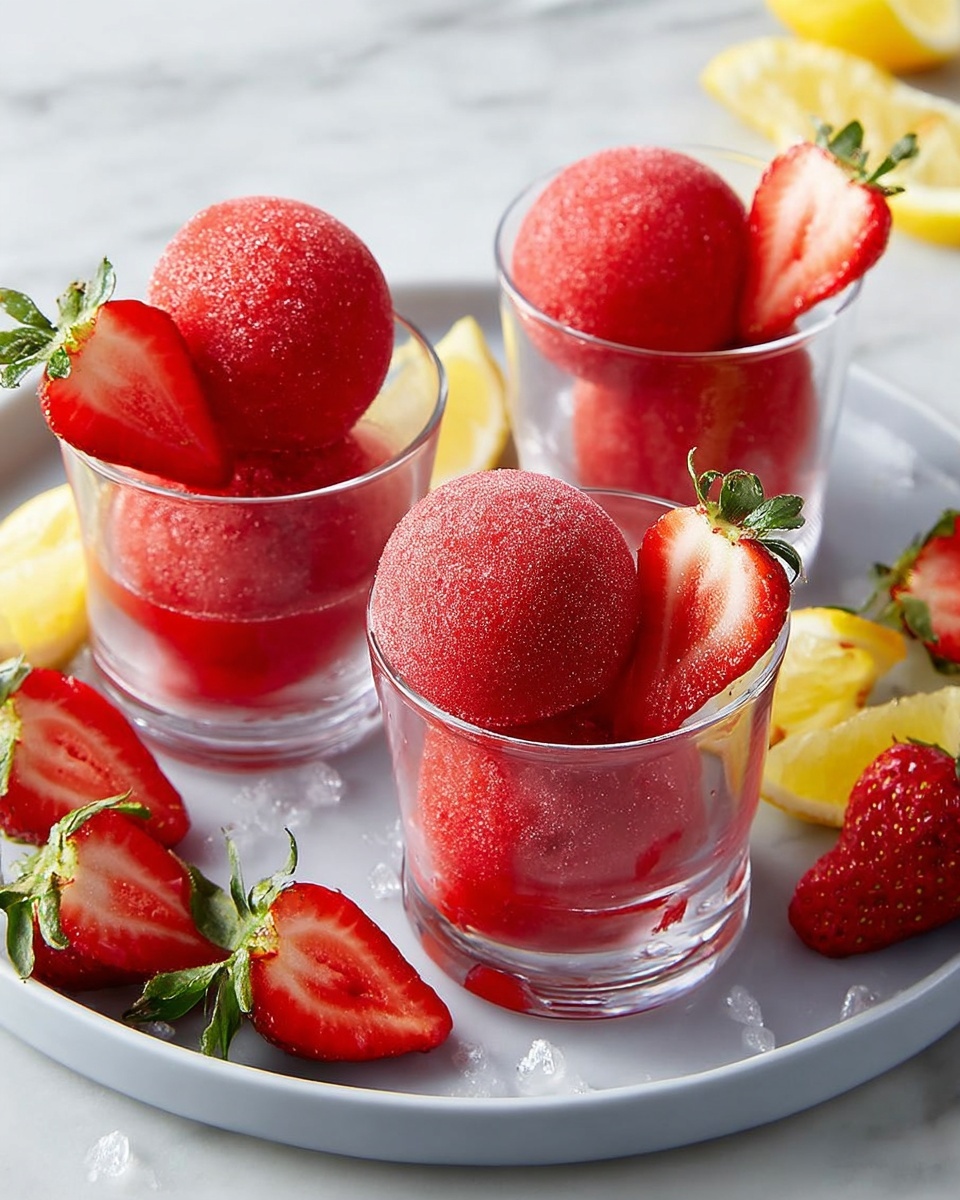 Three clear glass cups each hold two bright red strawberry sorbet balls with a rough icy texture. Each cup is topped or paired with fresh halved strawberries showing their red inside and green leaves. The cups are placed on a round white plate with a smooth, cool-looking surface. Around the plate, there are whole and halved strawberries scattered with their green leaves, along with a few yellow lemon wedges. The background is a white marbled texture that brightens the scene. photo taken with an iphone --ar 4:5 --v 7