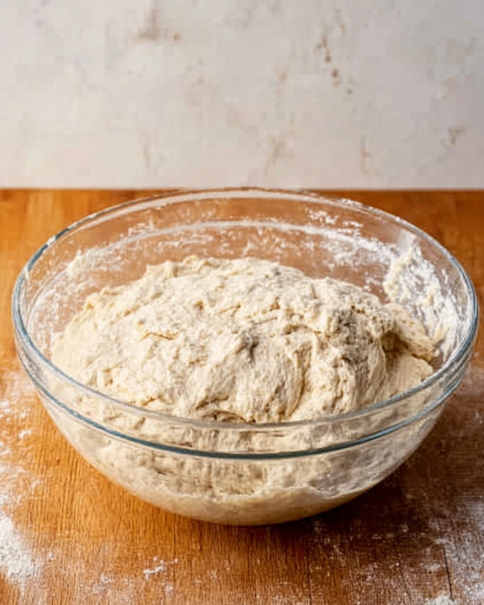 A clear glass bowl sits on a wooden surface, filled with thick, sticky dough that has risen and filled most of the bowl. The dough is light beige with a slightly rough texture, showing bubbles and uneven, soft folds around the edges. The bowl is transparent, allowing the light to show the dough fully, and some flour residue is visible on the sides of the bowl. The background is a white marbled texture. Photo taken with an iphone --ar 4:5 --v 7