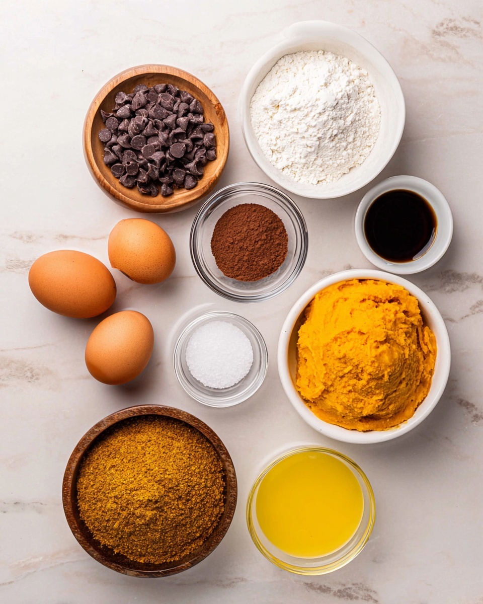 The image shows a top view of several ingredients arranged on a white marbled surface. There are seven containers and three loose eggs placed in a loose cluster. Starting from the top left, there is a small wooden bowl filled with dark chocolate chips, next to it on the right is a white bowl filled with white flour. Below the chocolate chips, a small glass bowl holds a dark liquid, likely vanilla extract. To its right, a white bowl is filled with brown cocoa powder. Below this, a small glass bowl contains salt, and next to it another small glass bowl contains baking soda. In the center, three brown eggs are placed close to each other on the surface. On the bottom left, a wooden bowl is filled with golden brown sugar or spice mix. Next to the eggs on the right, a white bowl contains bright orange pumpkin puree. Lastly, at the bottom right, a white bowl holds a yellow liquid, likely melted butter or oil. The layout is clean and organized, with each ingredient clearly visible. photo taken with an iphone --ar 4:5 --v 7