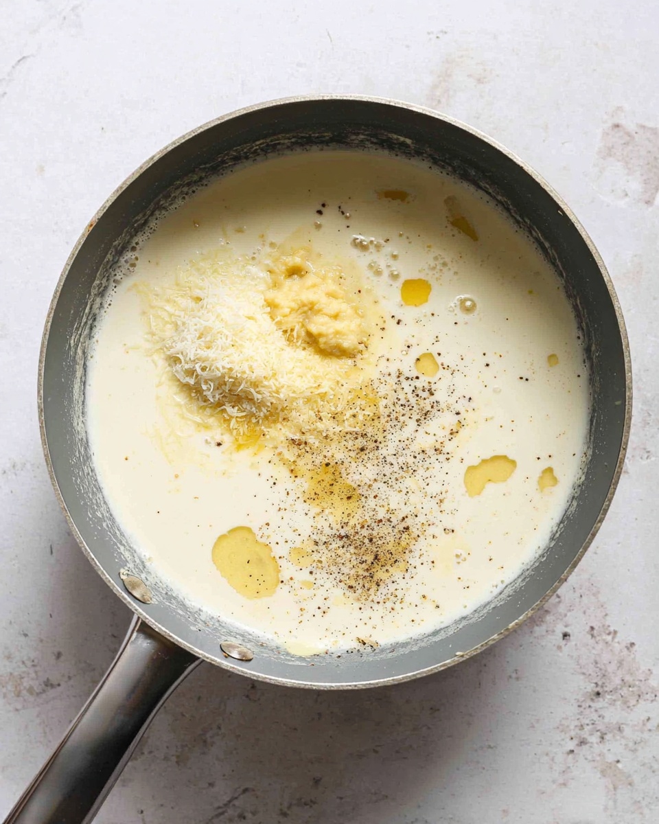 A top view of a saucepan filled with a creamy white mixture, likely a sauce in progress, with a light yellow tint. On the surface, there are visible small puddles of oil or melted butter, a pile of grated cheese, a sprinkle of black pepper, and a few small dollops of a yellow paste or mustard. The saucepan is sitting on a white marbled surface. photo taken with an iphone --ar 4:5 --v 7