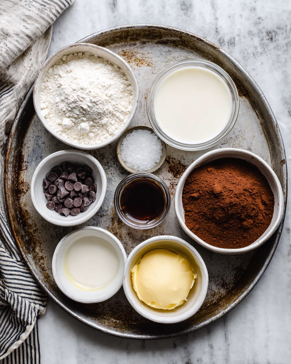 A rustic metal tray holds eight small white bowls, each filled with different baking ingredients arranged neatly. Starting from the top left, there is a bowl of flour with a powdery white texture, next to it a bowl of coarse white salt, and a clear glass bowl filled with creamy white liquid, likely milk; below these are a small bowl with dark chocolate chips, a tiny glass bowl of dark brown vanilla extract, and a round white bowl of smooth yellow melted butter. At the bottom left corner, there is an empty white bowl, and next to it a white bowl filled with rich brown cocoa powder with a slightly textured surface. The tray rests on a white marbled surface, and the top left corner shows part of a cloth with dark and white stripes. Photo taken with an iphone --ar 4:5 --v 7