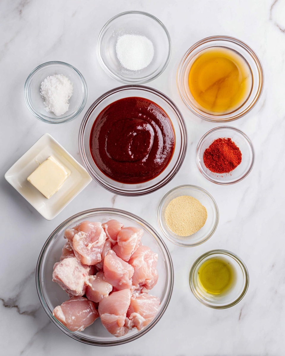 The image shows seven glass and white dishes arranged on a white marbled surface, each holding different ingredients. At the center bottom is a large clear glass bowl filled with chunks of raw pink chicken. Above it, in the middle, is a medium clear glass bowl containing a smooth, thick dark red sauce. To the right of the sauce is a smaller clear bowl with a thick golden liquid. To the far left, a small clear bowl holds white granulated salt. Below that, a small white dish carries a square piece of butter. On the bottom right, a small clear bowl holds finely ground yellow garlic powder, and next to it is another small clear bowl with light greenish-yellow oil. Above the oil bowl, a small clear bowl contains red powder, likely a spice. The bowls are neatly spaced out on the white marbled background. photo taken with an iphone --ar 4:5 --v 7
