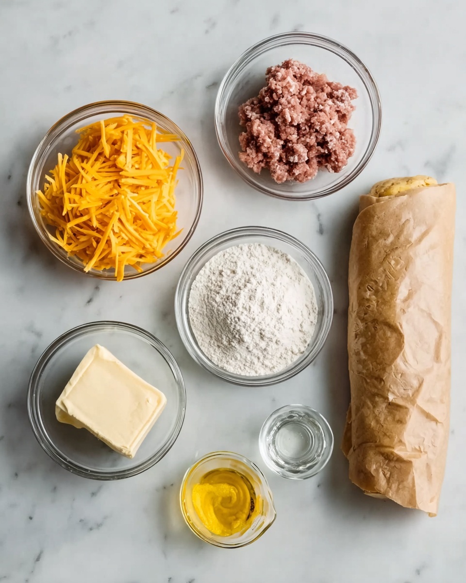 The image shows a white marbled surface with six small clear glass bowls arranged neatly. The top row has three bowls: the left one filled with shredded orange cheddar cheese, the middle one with raw ground meat, and the right one with white flour. Below them, from left to right, are a bowl with a block of cream cheese, a smaller bowl containing yellow mustard, and a small measuring glass filled with clear oil. To the right of all bowls lies a rolled-up piece of dough wrapped in brown parchment paper. photo taken with an iphone --ar 4:5 --v 7