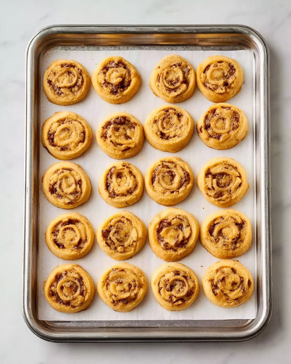A metal baking tray holds twenty small, round cookies arranged in four rows of five each, all on a white marbled surface. The cookies have a golden-brown color with darker brown spots inside, showing a swirl pattern that looks like layers of dough and filling rolled together. The texture appears crispy on the edges and soft in the middle. The cookies are evenly spaced on white parchment paper that covers the tray. Photo taken with an iphone --ar 4:5 --v 7