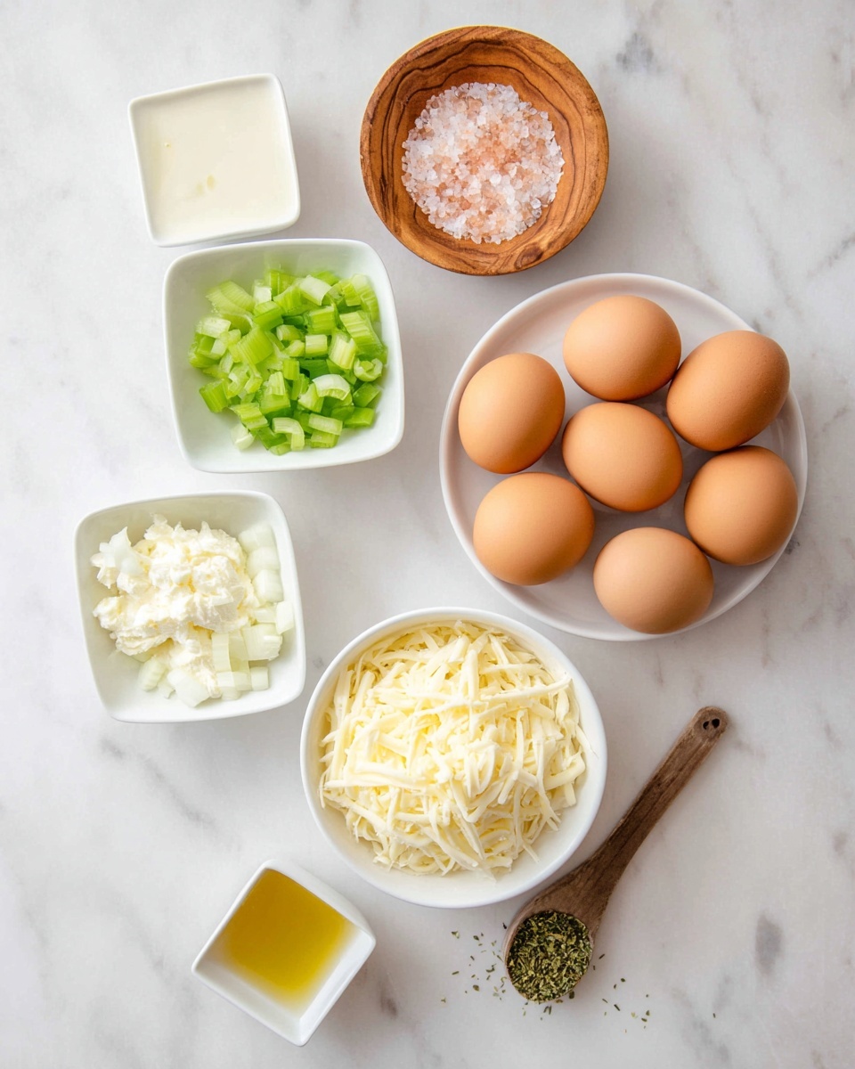 The image shows ingredients arranged on a white marbled surface: six brown eggs placed in a loose group towards the top right, a small white bowl filled with chopped green celery to the left of the eggs, and a small white square bowl holding chopped white onions at the bottom left. Next to the onions, there is another small white bowl containing a creamy white ingredient. In the center, there is a larger white bowl divided into two halves—one side has crumbly white cheese and the other side holds shredded cheese with light yellow strands. A small white square dish with golden-yellow liquid sits near the bottom right corner. To the right, a small spoon with a wooden handle holds green herb flakes. Above the eggs, there is a small round wooden bowl filled with pink coarse salt. The setup is neat and organized with a bright, clear look. photo taken with an iphone --ar 4:5 --v 7