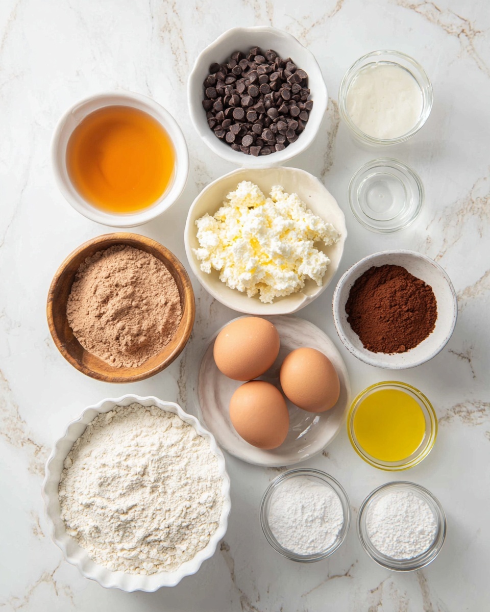 The image shows a clean white marbled surface with several bowls and containers holding different baking ingredients arranged neatly. From top left, a white bowl holds a smooth amber liquid, next to it is a white bowl filled with small dark chocolate chips. To the right is a small glass cup with a white liquid. Below those, a wooden bowl contains light brown powder, a white bowl with lumpy white cottage cheese sits in the middle, and a white bowl to the right contains cocoa powder. Below, there's a white scalloped bowl with light brown powder, and next to it are two brown eggs. A small glass cup with a yellow liquid is on the right. At the bottom, three small clear bowls hold white powders, and a large white bowl is full of white flour. Photo taken with an iphone --ar 4:5 --v 7