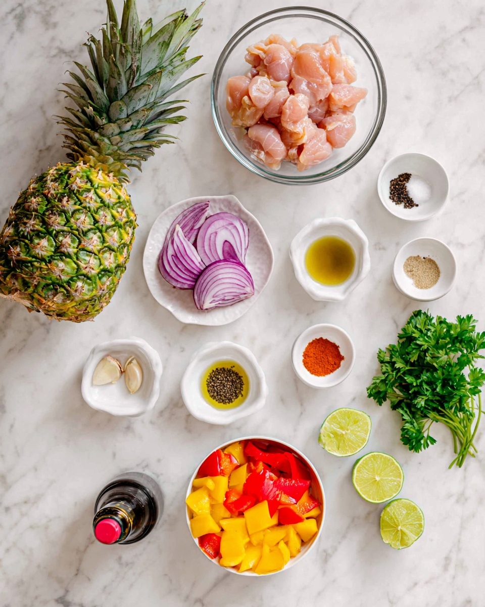 A white marbled surface holds many ingredients arranged neatly: a whole green pineapple on the left, a glass bowl with pinkish raw chicken pieces near the center, and a white bowl with red and yellow bell pepper chunks below it. To the left, there is a white bowl with purple onion slices, and a bunch of fresh green parsley lies nearby. Several small white dishes hold different seasonings: olive oil, minced garlic, black pepper, salt, a reddish powder, and a light brown liquid. Near the bottom right, three lime halves show their green inside, and a small soy sauce bottle with a red cap is placed near the center. The photo taken with an iphone --ar 4:5 --v 7