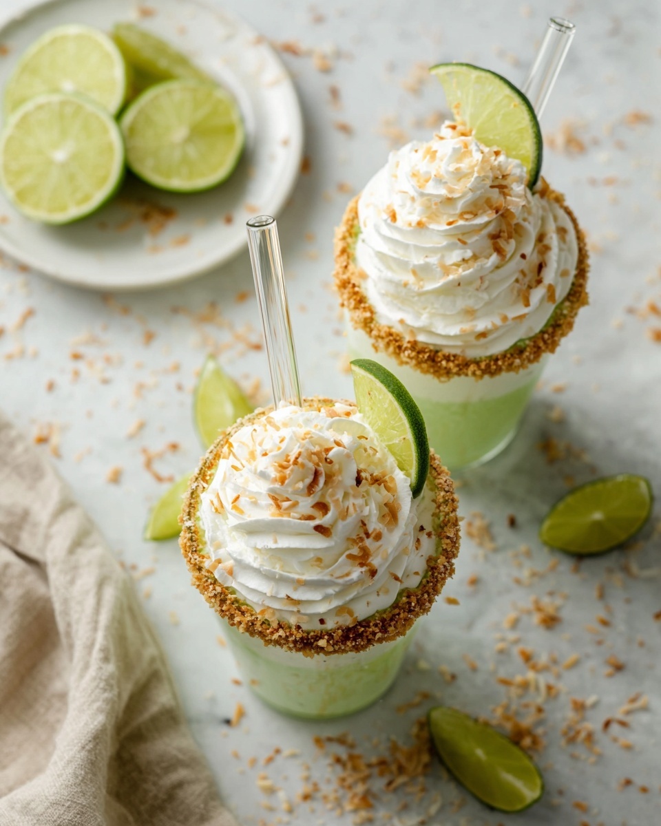 Two clear glass cups filled with a light green creamy drink form the base layer. The rims of the cups are coated with a crumbly light brown layer. On top of the green drink is a thick swirl of white whipped cream, sprinkled with toasted coconut flakes. Each cup is decorated with a thin lime wedge placed partially on the whipped cream. Clear glass straws are placed in the drinks, slightly angled. The background is a white marbled surface scattered with crumbs and lime wedges. A white plate with lime slices is partly visible in the upper left corner, and a beige cloth is at the bottom left. photo taken with an iphone --ar 4:5 --v 7