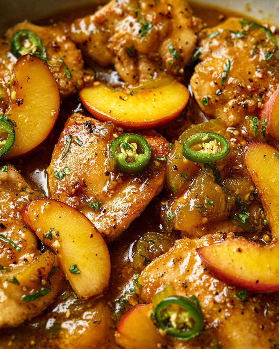 The image shows close-up pieces of cooked chicken thighs with golden-brown, slightly crisp skin, arranged on a white marbled surface. These chicken pieces are surrounded by slices of soft peach or apricot that are orange and yellow with smooth textures and some green herbs sprinkled on top. The dish has a shiny, slightly oily glaze that covers both the chicken and fruit, giving everything a warm, rich appearance. There are small chili slices and bits of green herbs scattered across the surface, adding color contrast with reds and greens. Photo taken with an iphone --ar 4:5 --v 7