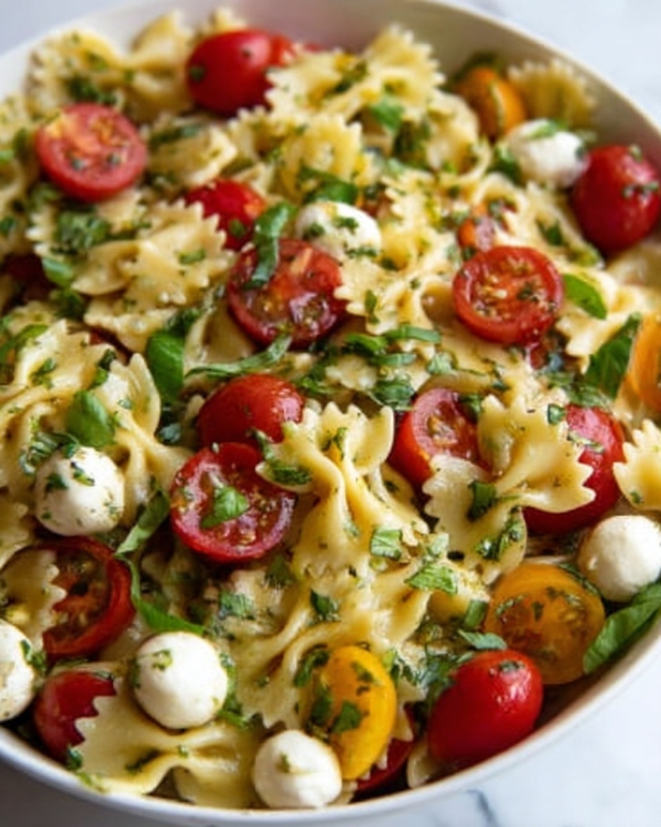 A white bowl filled with a colorful pasta salad made of three layers: the base layer has creamy pale yellow farfalle pasta with a slightly glossy texture, scattered evenly throughout. On top of that, there are bright red halved cherry tomatoes and small white mozzarella balls, each coated lightly with green herb dressing. The final layer consists of fresh chopped green basil leaves and bits of dark green pesto, mixed evenly with the pasta and toppings, giving a fresh and vibrant look overall. The background is a white marbled surface. photo taken with an iphone --ar 4:5 --v 7