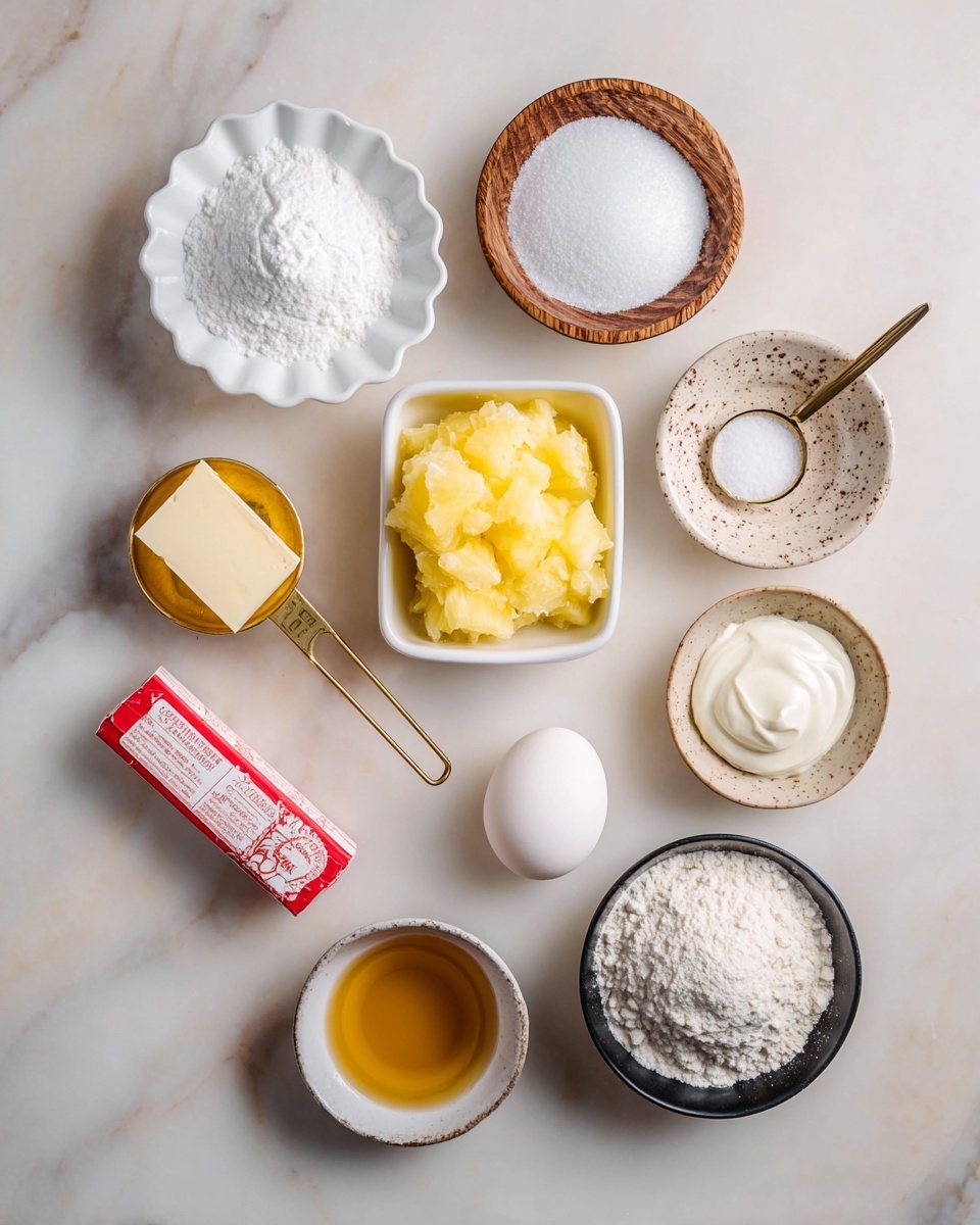 The image shows ten small containers with different baking ingredients placed on a white marbled surface. Starting from the top left, there is a white scalloped bowl filled with white powdered sugar, next to it a wooden bowl with granulated white sugar, and a speckled ceramic bowl holding two small piles of white powders. Below the sugar bowls, a square white bowl holds a yellow mashed ingredient. To the right of it, a gold measuring cup filled with thick white cream sits next to a wrapped stick of butter. Near the bottom left, a small wooden bowl contains fine white salt, with a white egg placed beside it. At the bottom center, a black bowl is filled with white flour. Lastly, on the bottom right, there are two small white square bowls, one holding clear yellow liquid and the other with light brown liquid. Photo taken with an iphone --ar 4:5 --v 7