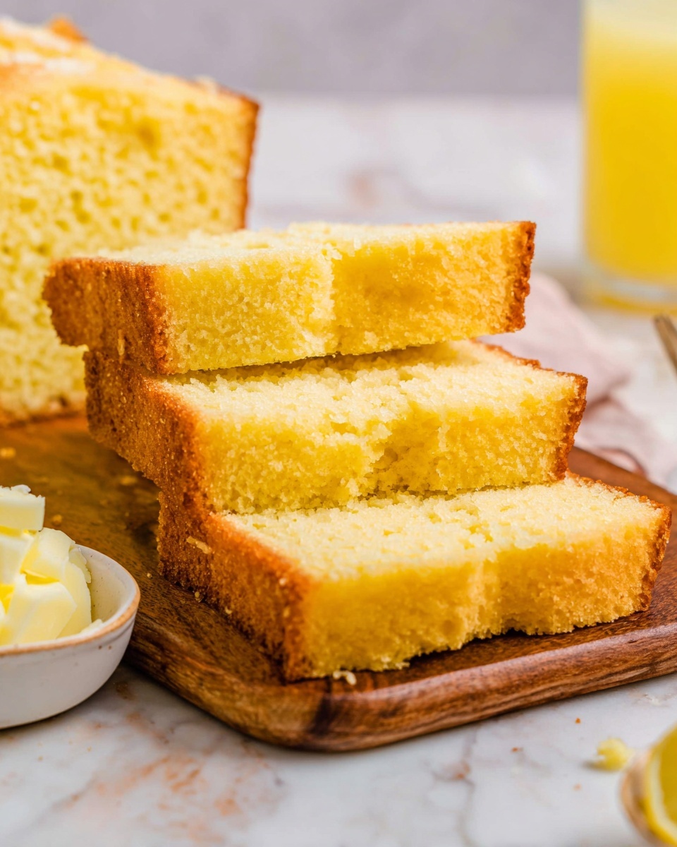 The image shows three thick slices of yellow pound cake resting on a wooden board. The pound cake has a moist and dense texture with a light golden-brown crust around the edges and a soft, crumbly inside. The background features a white marbled surface, and a small white bowl with pale yellow butter is partially visible in the corner. There is also a hint of a glass with orange juice in the upper right background. photo taken with an iphone --ar 4:5 --v 7