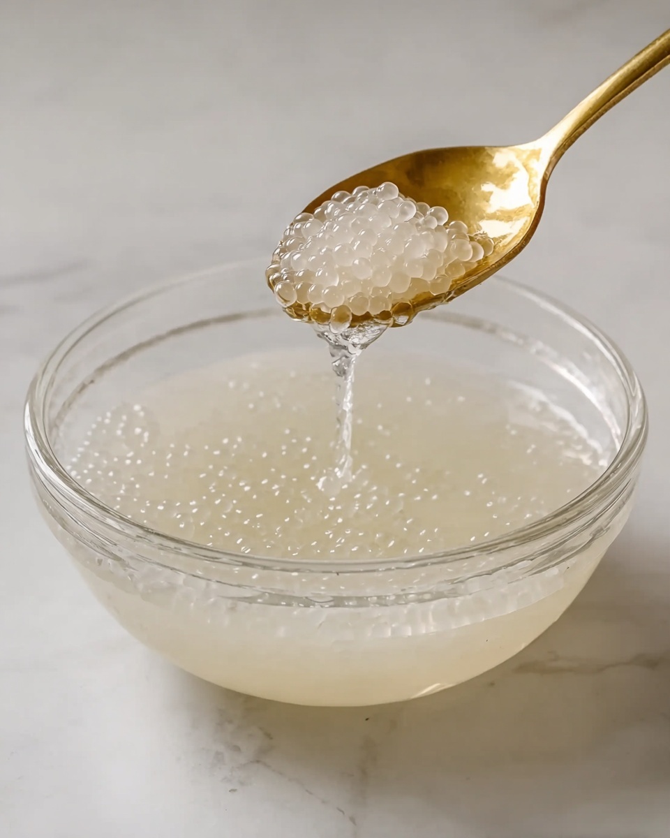 A clear glass bowl sits on a white marbled surface, filled with small, translucent, round tapioca pearls in a light milky liquid. A metallic gold spoon is held above the bowl, scooping up a portion of the pearls with the liquid slowly dripping back into the bowl. The tapioca pearls are semi-transparent with a shiny, slightly wet texture. The scene is bright with soft natural light, highlighting the smooth texture of the pearls and the shine on the spoon. photo taken with an iphone --ar 4:5 --v 7