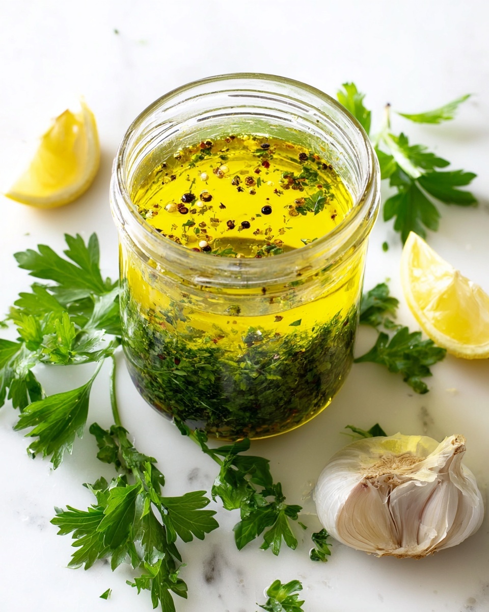 A small glass jar filled with a two-layer sauce: the bottom layer is a golden yellow olive oil with specks of black pepper, and the top layer is a mix of finely chopped bright green herbs resting on the oil’s surface. Around the jar, there are fresh green parsley sprigs on a white marbled surface, a whole white garlic bulb with light purple tones on the right side, and two lemon halves showing their pale yellow juicy interiors on the left side. The scene is bright with a clean white marbled background. photo taken with an iphone --ar 4:5 --v 7