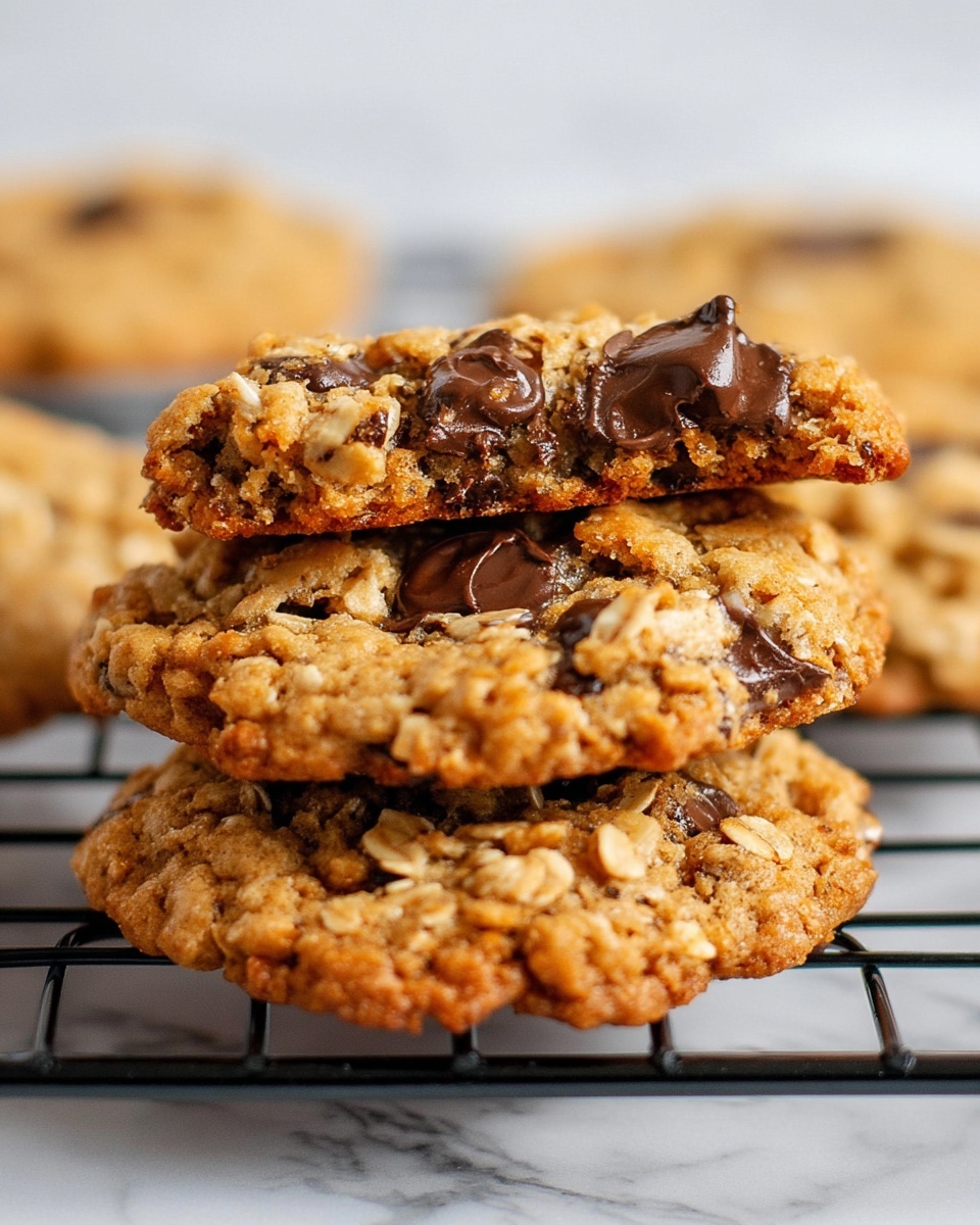 The image shows a close-up of three oatmeal chocolate chip cookies stacked on top of each other on a black wire cooling rack. The bottom cookie is whole, golden brown with visible oat flakes and dark chocolate chips scattered across the surface. The middle cookie is also whole, with a slightly rough texture and chocolate chips embedded within. The top cookie is broken in half, revealing a chewy and soft inside filled with oats and melted chocolate pieces. The background is a white marbled surface, soft and clean, contrasting with the cookies' warm tones. Photo taken with an iphone --ar 4:5 --v 7