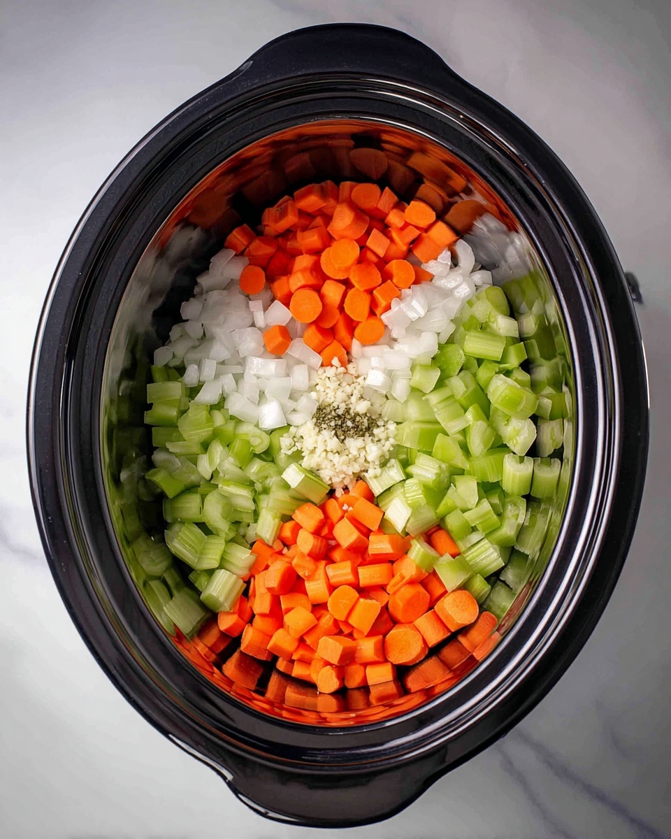 Crockpot Minestrone Soup Recipe 4 Inside a black slow cooker, there are four layers of chopped vegetables arranged separately. At the bottom, there are bright green celery slices, above them are small orange carrot slices placed close together. On top of the carrots, there are small white onion pieces scattered, and at the center on top, there is a small pile of finely chopped garlic. The slow cooker is set on a white marbled surface. Photo taken with an iphone --ar 4:5 --v 7