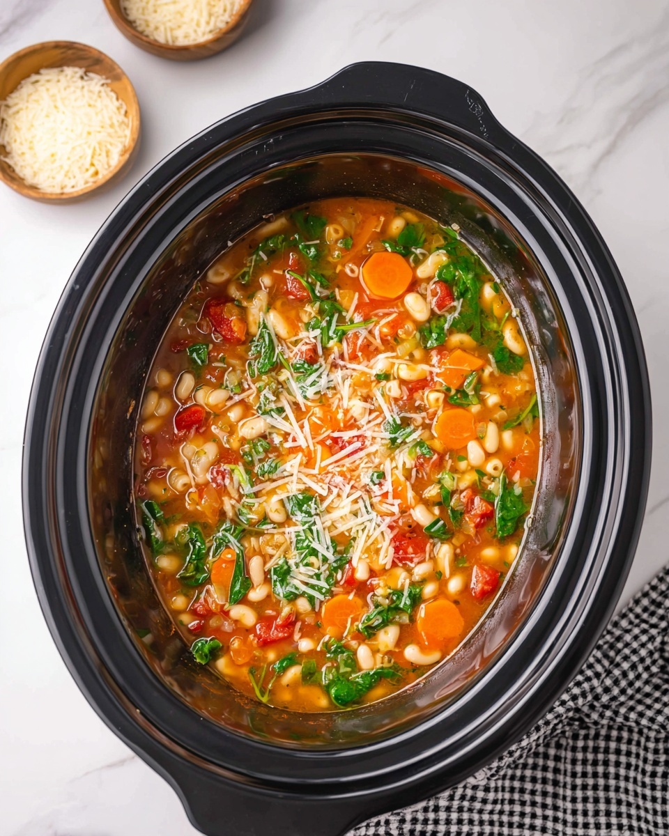 Crockpot Minestrone Soup Recipe 5 A black slow cooker filled with a clear orange broth soup shows several visible layers: shiny broth as the base, chopped green leafy vegetables scattered throughout, bright orange carrot slices, white beans, small round pasta, diced red tomatoes, and small bits of celery, with a light sprinkle of grated white cheese on top. The slow cooker is set on a white marbled surface next to two small white bowls filled with grated cheese, and a white and brown wooden spoon rests nearby. A black and white checkered cloth is partially visible under the slow cooker. Photo taken with an iphone --ar 4:5 --v 7