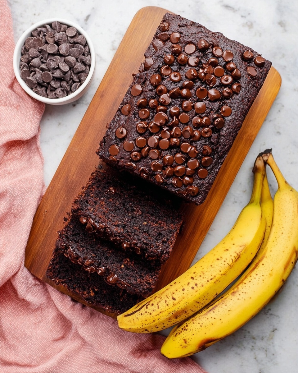 A dark chocolate banana bread loaf sits on a light brown wooden board with its top covered in many small, round chocolate chips that are shiny and slightly melted; two thick slices are laid out, showing a moist, dense inside with a rough texture and specks of chocolate throughout. To the right of the loaf are two yellow bananas with brown spots resting against the board, and at the bottom left corner, a soft pink cloth drapes gently. The background is a white marbled texture with a small white bowl filled with dark chocolate chips partially visible at the edge. Photo taken with an iphone --ar 4:5 --v 7