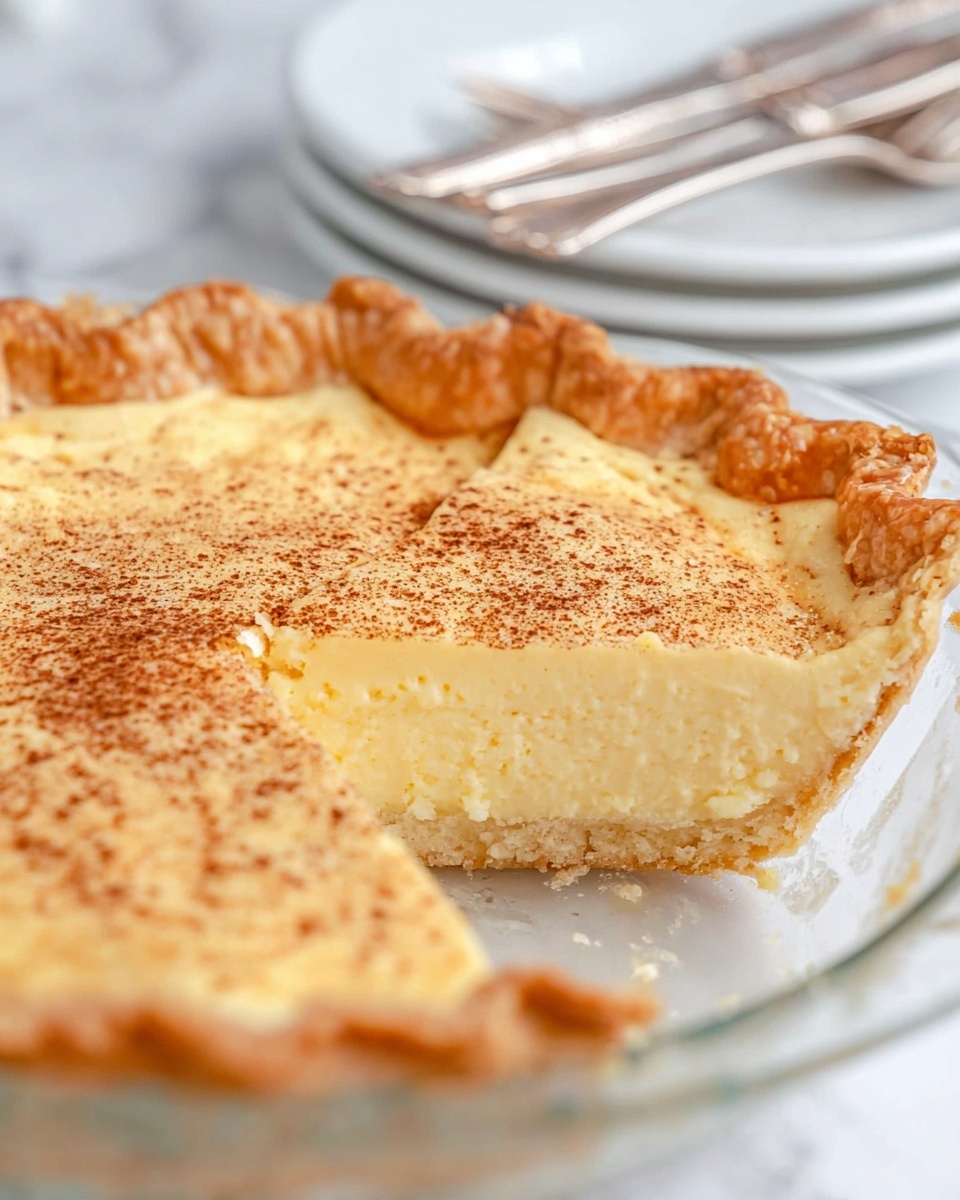 Easy Custard Pie Recipe 5 A close-up view of a creamy custard pie with one slice removed, showing two layers: a light golden, smooth custard filling and a slightly thicker beige crust at the bottom, with a thicker, crimped crust edge around the top in a flaky light golden-brown color. The top surface of the custard is speckled with a fine dusting of cinnamon or nutmeg, giving it a textured look. The pie sits in a clear glass pie dish on a white marbled surface, and stacked white plates with silver forks are blurred in the background. Photo taken with an iphone --ar 4:5 --v 7