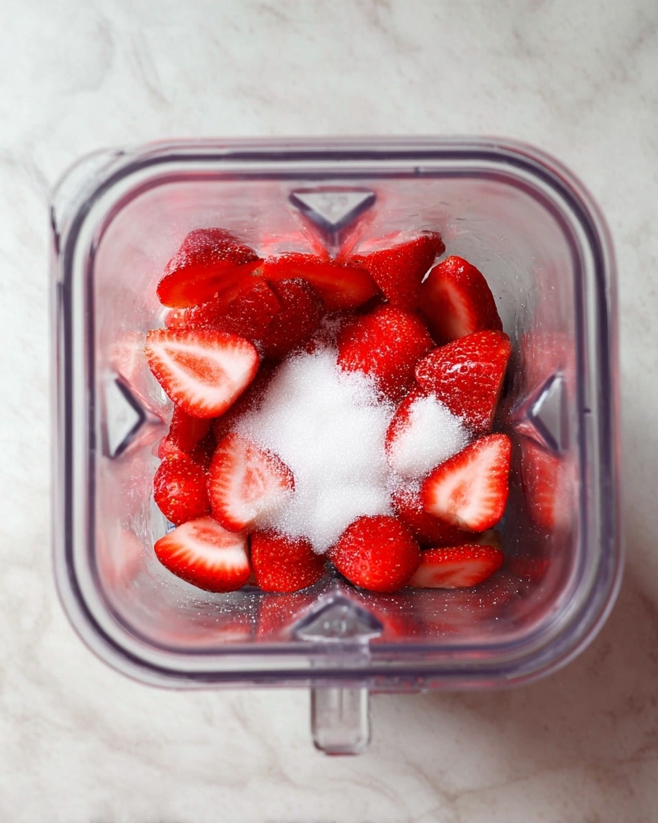 A clear blender container is shown from above, filled with bright red strawberry halves with light seeds and white inner flesh visible. On top of the strawberries is a layer of white granulated sugar, some of which is clumped slightly. The blender sits on a white marbled surface. photo taken with an iphone --ar 4:5 --v 7