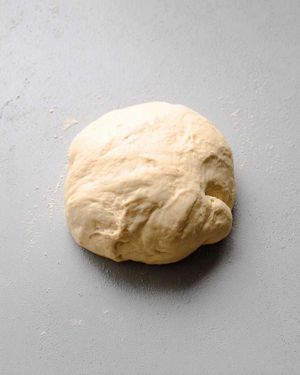 A single ball of dough sits on a smooth, light grey surface with a slightly speckled texture. The dough is a pale cream color, soft, and slightly puffy, with a few small folds and an uneven bottom edge. The background shows a subtle shine and grainy details that suggest it is a cool countertop. photo taken with an iphone --ar 4:5 --v 7