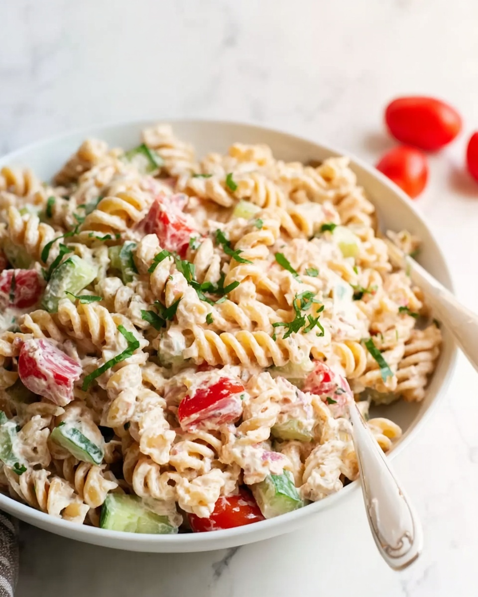 A white bowl filled with creamy pasta salad sitting on a white marbled surface. The salad has three visible layers: twisted rotini pasta coated with a light cream sauce, small chunks of red tomatoes scattered throughout, and chopped green cucumbers mixed evenly. Small green herbs are sprinkled on top, adding a fresh touch. A white fork and spoon are placed next to the bowl, with a few small red tomatoes around it. The focus is close on the bowl content, showing the smooth texture of the sauce and the vibrant colors of the vegetables. Photo taken with an iphone --ar 4:5 --v 7