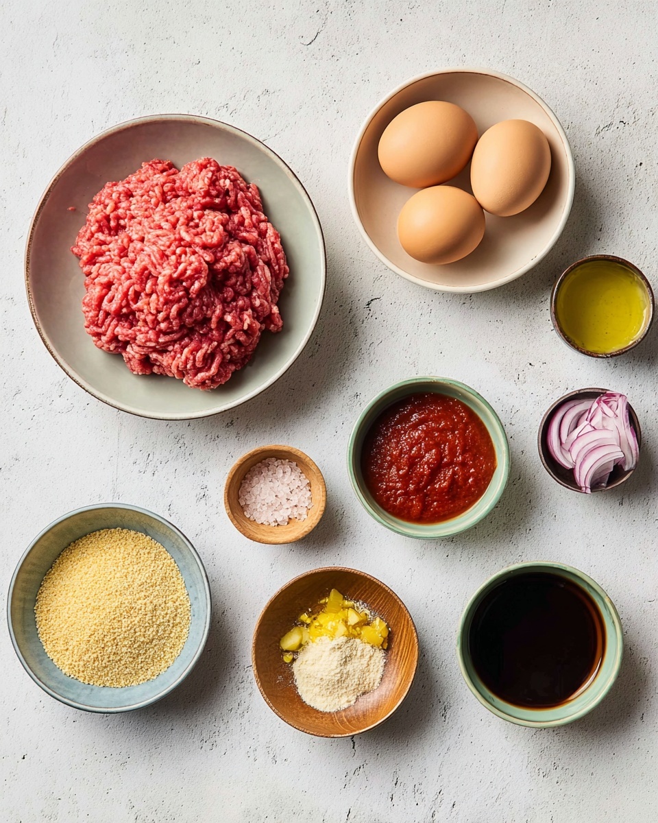 A light grey bowl on the left holds a pile of raw ground meat with a red-pink color and a soft texture. To the right, on a white marbled surface, there is a light beige bowl with two brown eggs. Above the eggs is a small green ceramic bowl with light golden oil, next to it on the right is a small brown bowl with thick bright red tomato paste. Below the tomato paste is a tiny brown bowl with minced garlic that looks yellowish. Below and to the left of the garlic is a small blue bowl filled with coarse golden breadcrumbs, next to it on the left is a small wooden bowl with pink salt and black pepper. Under the salt bowl is a small white bowl filled with fine light yellow flour. To the right of the salt bowl is another small green bowl filled with dark brown soy sauce. Finally, below and to the right of the soy sauce is a tiny brown bowl with finely chopped red onions. The items are arranged neatly and evenly spaced across the white marbled surface. photo taken with an iphone --ar 4:5 --v 7