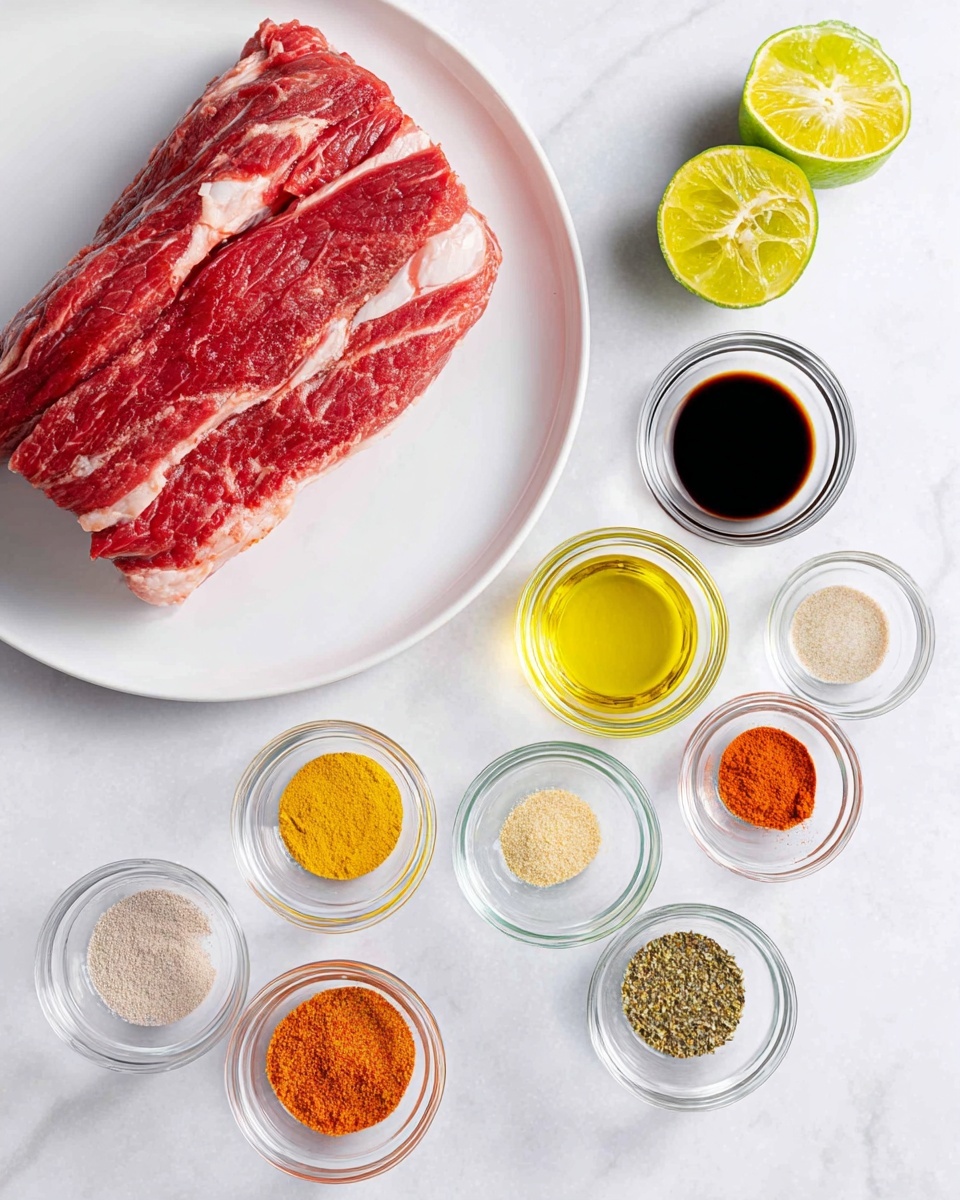 A large piece of raw red meat with white fat is placed on a white plate on the top left. To the right, there are two halves of a green lime with a yellow inner fruit. Below the lime, there are nine small clear bowls arranged loosely on a white marbled surface, each holding different ingredients: a dark brown liquid, a bright yellow oil, a bright orange powder, a brown powder, a mix of salt and black pepper, a light beige powder, a light brown herb mix, a clear liquid, and a reddish-orange powder. All items are spaced apart and neatly organized. Photo taken with an iphone --ar 4:5 --v 7