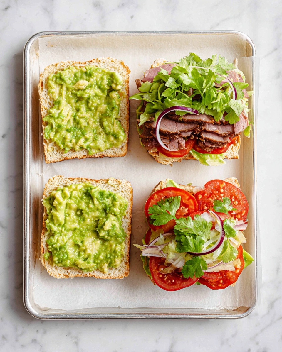 The image shows two open-faced sandwiches on a white baking tray covered with parchment paper, placed on a white marbled surface. Each sandwich has four layers on the bottom side: a base of lightly toasted bread with a porous texture. On the bottom left sandwich, a thick layer of green guacamole with small chunks covers the bread. The bottom right sandwich has slices of cooked meat in a brownish-red color, topped with bright red tomato slices, followed by shredded light green lettuce, a few thin slices of purple onion, and fresh green cilantro leaves on top. The two top sandwiches show the open halves, each with a thick spread of green guacamole on the bread side, and the other half layered with sliced cooked meat, tomato slices, shredded lettuce, and cilantro leaves. Photo taken with an iphone --ar 4:5 --v 7