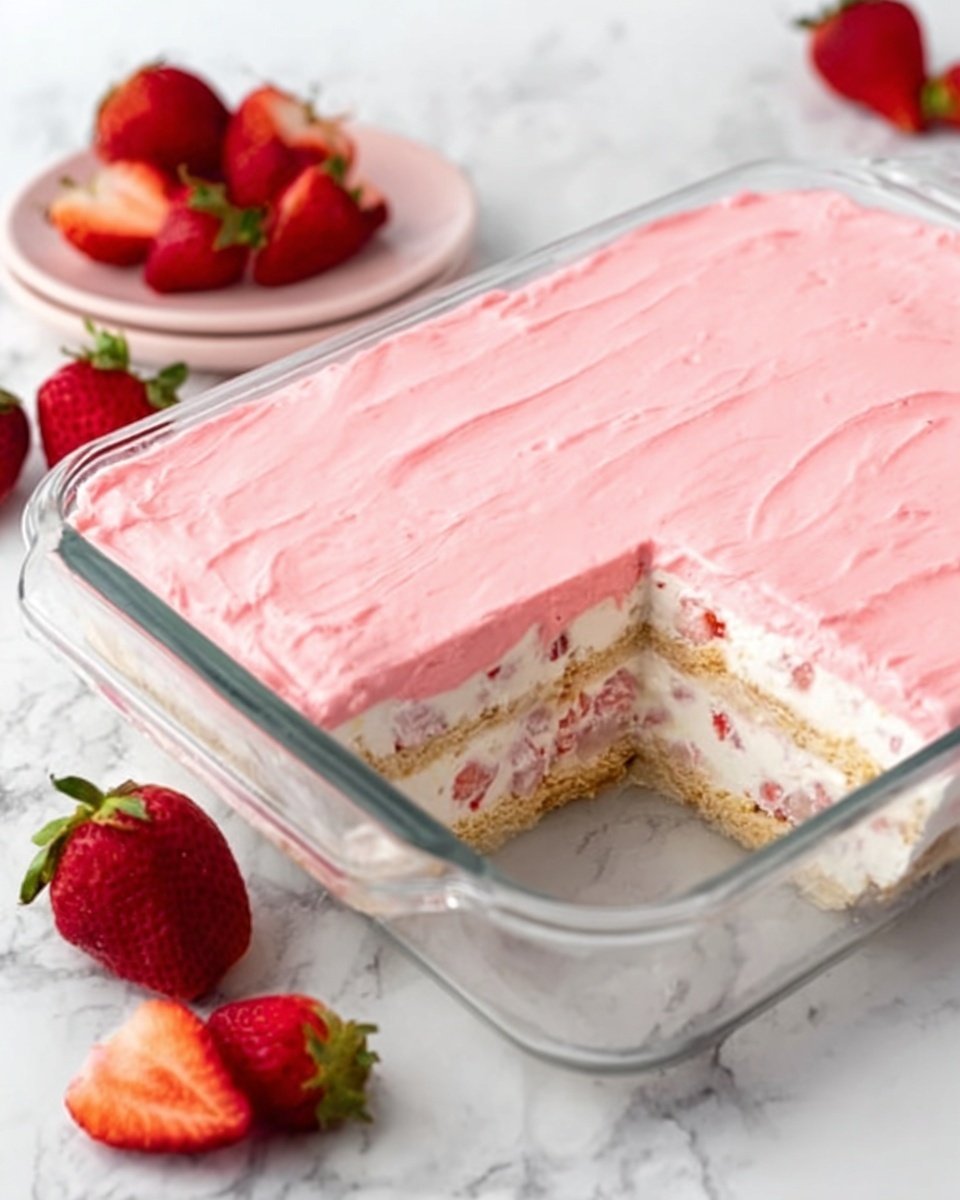 A clear glass rectangular dish filled with three layers: the bottom is a creamy mixture with visible bits of strawberries and a light beige cake or biscuit base, the middle layer is a smooth white cream with small strawberry pieces mixed inside, and the top layer is a thick, smooth pink frosting spread evenly across the surface. Fresh whole strawberries and some cut strawberries are placed nearby on a white marbled surface. photo taken with an iphone --ar 4:5 --v 7