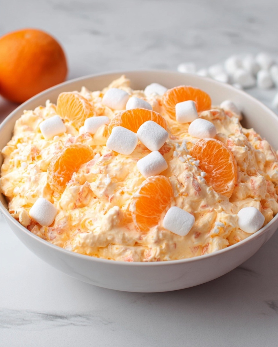A white bowl filled with a creamy orange-colored salad made of small soft pieces mixed with whipped cream or similar texture. The salad is topped with bright orange mandarin slices and small white marshmallows scattered on the surface. The bowl sits on a white marbled table with soft lighting highlighting the smooth and fluffy texture of the dish. Photo taken with an iphone --ar 4:5 --v 7