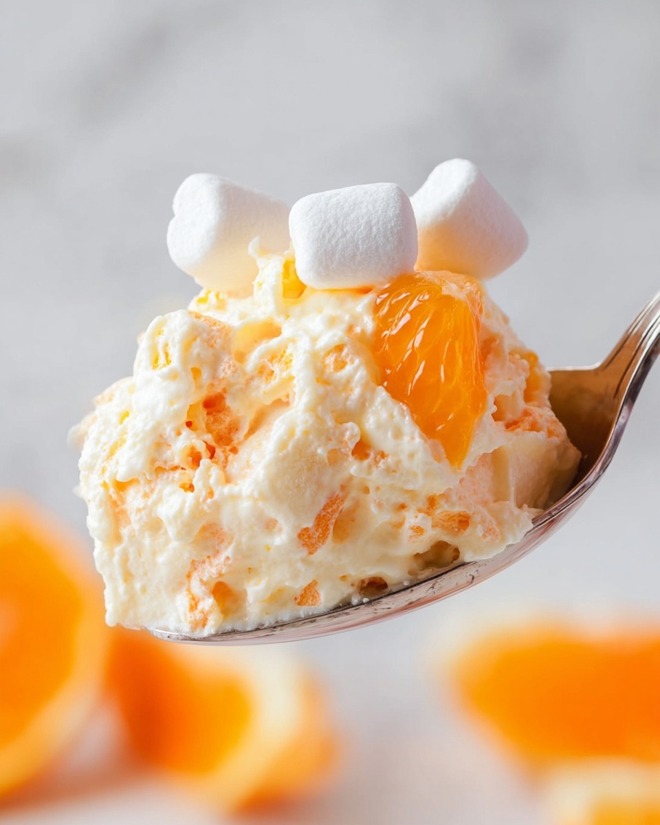 A close-up of a silver spoon holding one scoop of a creamy orange dessert with a soft, fluffy texture. The dessert has small pieces of bright orange fruit mixed in and is topped with three small white marshmallows, one on top and two on the sides. A shiny, translucent orange fruit slice rests near the center of the scoop, adding a fresh look. The background features a subtle white marbled texture with blurred orange shapes. Photo taken with an iphone --ar 4:5 --v 7
