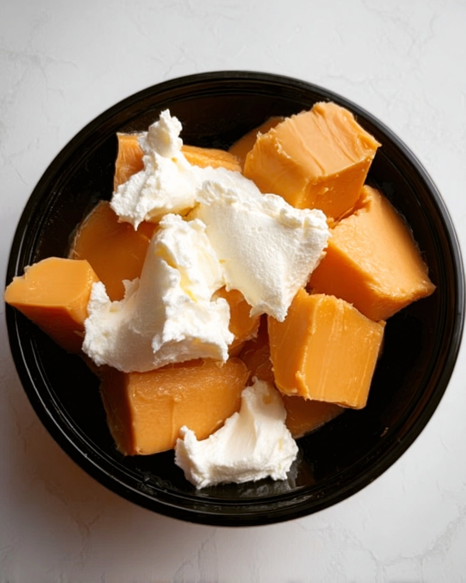 The image shows a black bowl filled with smooth orange chunks that look like soft cheese or caramel, placed in a white marbled background. On top of the chunks, there are uneven dollops of white cream arranged randomly, adding a soft, fluffy texture contrast to the firmer orange pieces underneath. The bowl itself has a simple round shape with a slight shine, highlighting the creamy and dense textures of the ingredients inside. photo taken with an iphone --ar 4:5 --v 7