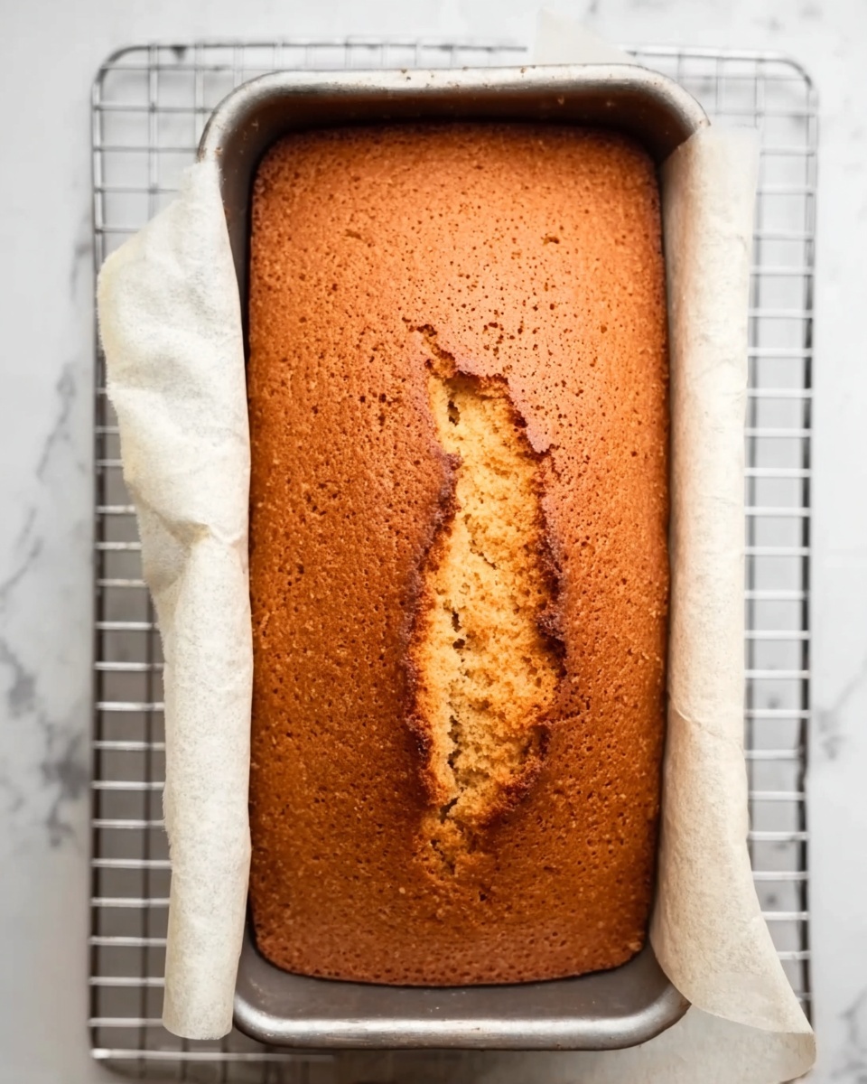 A golden brown loaf cake with a slightly cracked top sits inside a metal baking pan lined with white parchment paper. The texture of the cake top looks soft and slightly uneven, showing a natural rise with a central split running from top to bottom. The pan rests on a white marbled surface and is placed on a metal cooling rack. Photo taken with an iphone --ar 4:5 --v 7