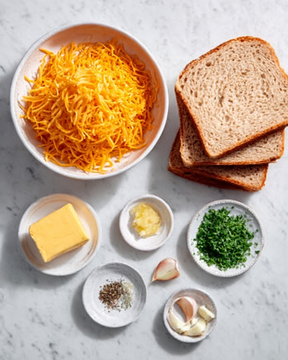 Garlic Bread Grilled Cheese Recipe 4 A white bowl filled with shredded orange cheddar cheese sits on the left side on a white marbled surface. To its right, six small white dishes display various ingredients in a loose arrangement: black pepper in one, coarse salt in another, a small square block of yellow butter, finely chopped green herbs, minced garlic, and three slices of light brown bread stacked on top of each other. The overall setup is neat, with soft natural lighting highlighting the colors and textures of each ingredient. Photo taken with an iphone --ar 4:5 --v 7