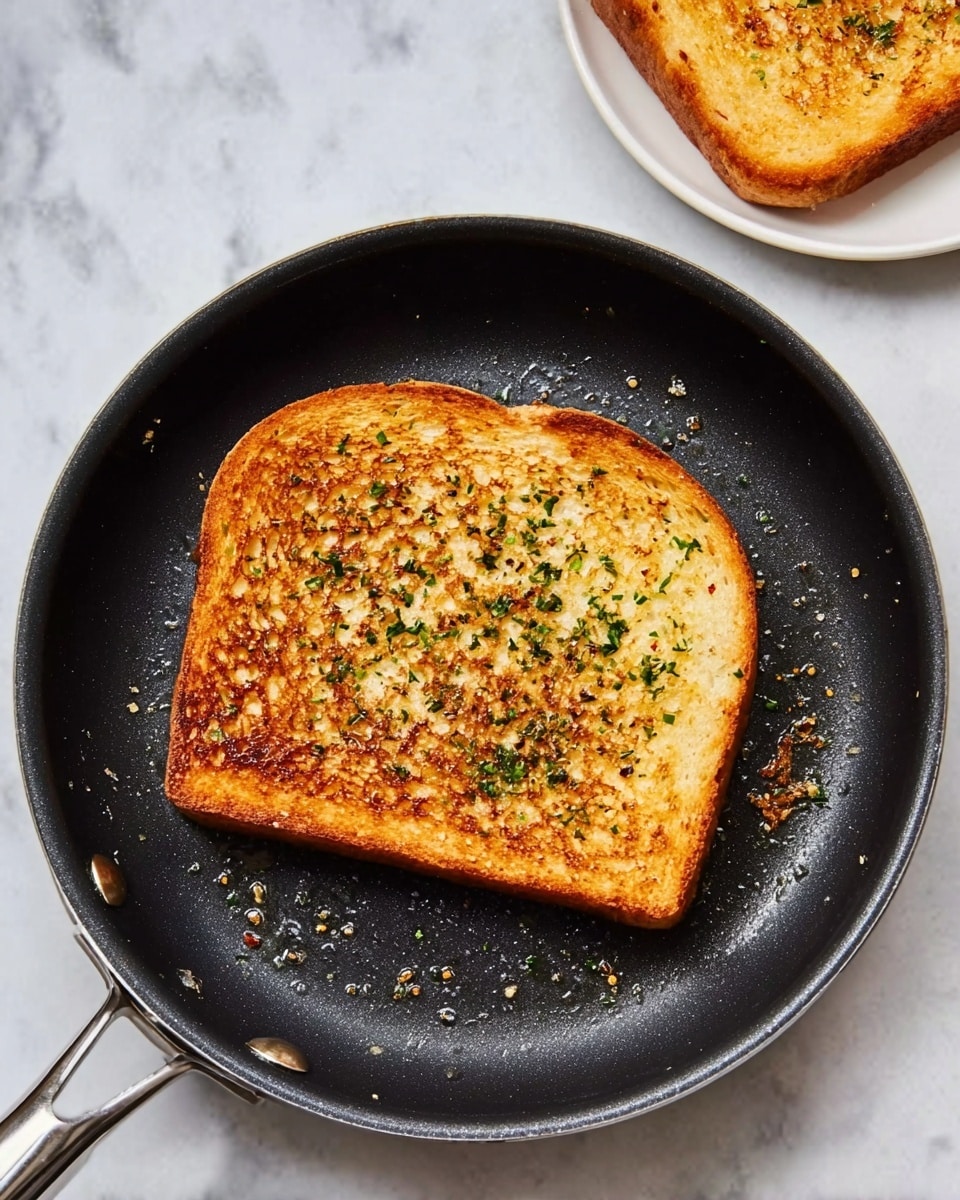 Garlic Bread Grilled Cheese Recipe 5 A single slice of golden brown toast with sprinkled green herbs is cooking in a black pan with a silver handle, placed on a white marbled surface. Nearby, on the right side, a small white plate holds another slice of toast, slightly out of focus. The toast in the pan has a crunchy texture with visible seasoning on top. Photo taken with an iphone --ar 4:5 --v 7