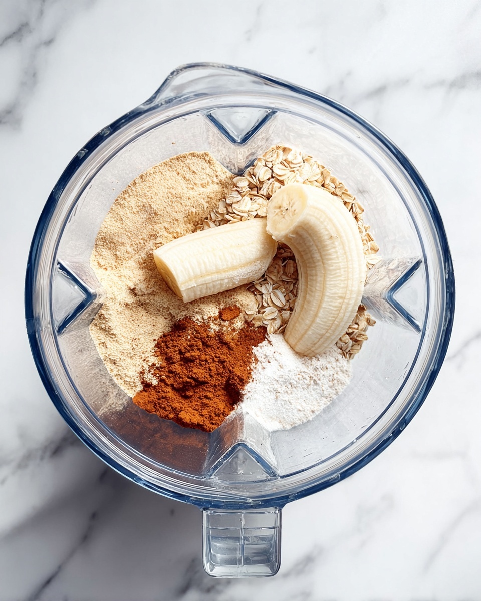 A clear blender container is shown from above, sitting on a white marbled surface. Inside the blender, there are several layers: at the bottom left, a beige powdery layer; at the bottom right, a white powdery layer; next to the white layer, a pile of cinnamon powder in a brown shade; behind the cinnamon, some light oatmeal flakes; and on top, two peeled banana halves resting across the other ingredients. The whole scene is bright and clear, showing the detail of each texture and color. photo taken with an iphone --ar 4:5 --v 7