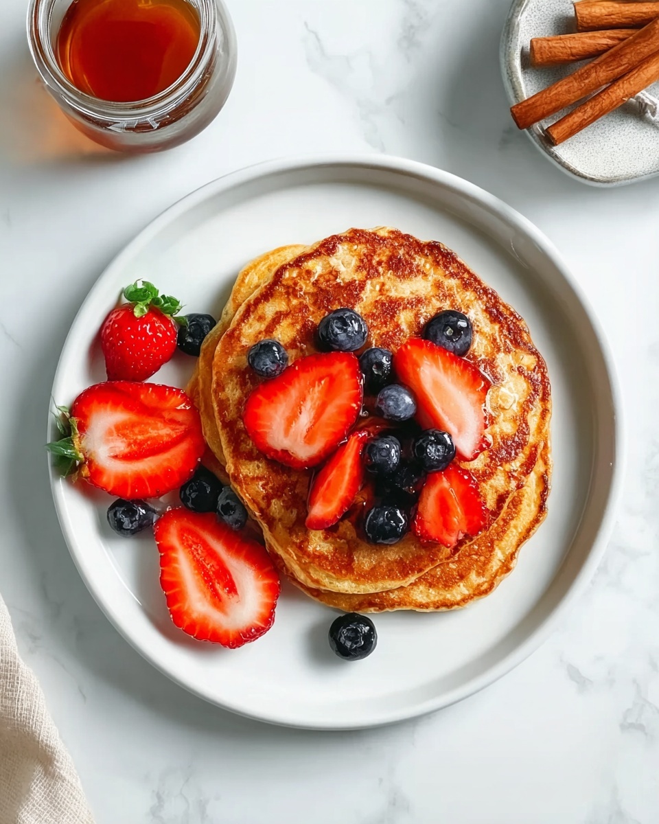 A white plate holds two golden brown pancakes stacked on top of each other, topped with fresh slices of red strawberries and whole dark blue blueberries. A few strawberry slices are placed next to the pancakes on the plate. The plate rests on a white marbled surface, with a small clear glass container of syrup and a bunch of cinnamon sticks nearby, adding warmth to the setting. The scene looks bright and fresh, with natural light highlighting the texture of the pancakes and the vibrant colors of the fruit. Photo taken with an iphone --ar 4:5 --v 7