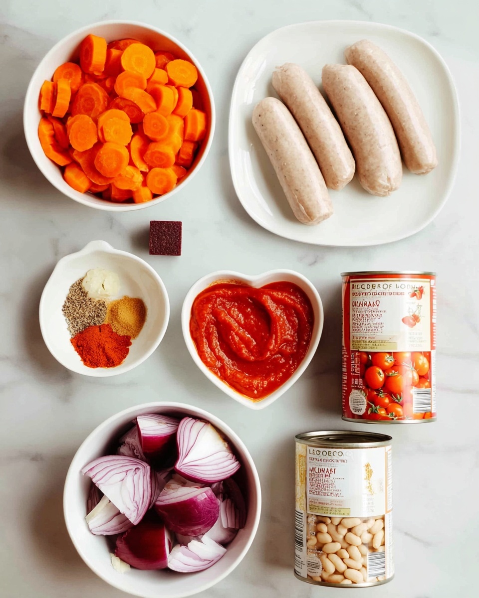 The image shows several cooking ingredients placed on a white marbled surface. On the top left, a white bowl is filled with bright orange sliced carrots. To the top right, there is a white plate holding five pale beige sausages lined up close together. In the middle left, a small white bowl contains a mix of spices including red powder, brownish paste, and minced garlic. Below this, a bigger white bowl is filled with thick slices of purple and white red onion. Jumping to the middle right, a small heart-shaped white dish holds a few thick swirls of red tomato paste. Next to it, on the right side, are two cans stacked vertically; the top one is crushed tomatoes with a red tomato picture on the label, and the bottom one has white cannellini beans visible through the label image. In the center, just above the spices, there's a small dark red square of organic stock cube. Photo taken with an iphone --ar 4:5 --v 7