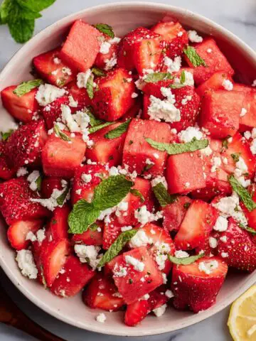 Watermelon Strawberry Salad with Feta and Honey Lime Dressing Recipe