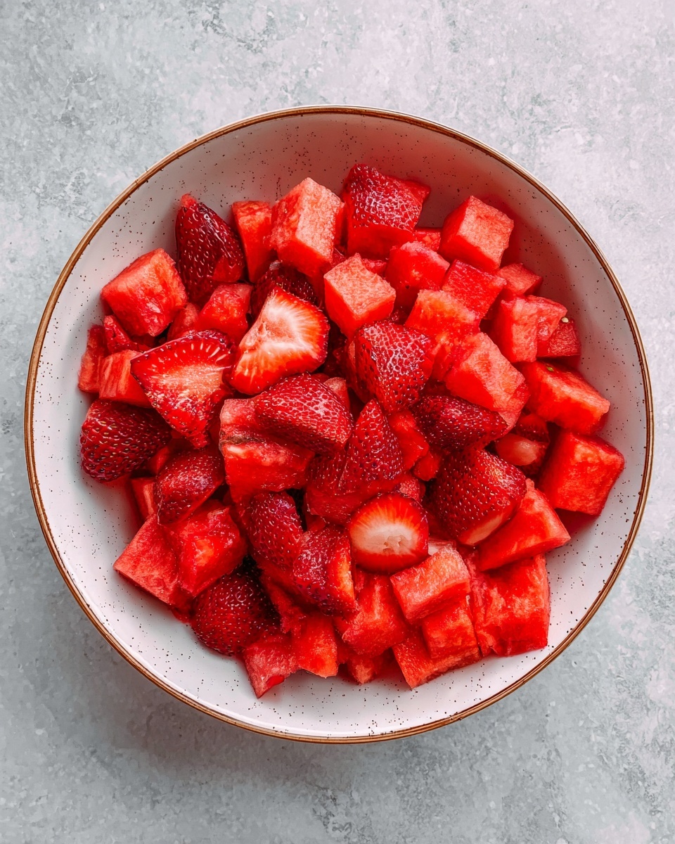 Watermelon Strawberry Salad with Feta and Honey Lime Dressing Recipe 4 A bowl filled with bright red pieces of sliced strawberries and cubes of watermelon on a white marbled surface. The bowl is white inside with a light speckled pattern and a thinish brown rim. The strawberries show their shiny, moist texture and white interiors at some cut edges, mixed evenly with the smooth, juicy red chunks of watermelon, creating a fresh and colorful fruit mix. photo taken with an iphone --ar 4:5 --v 7