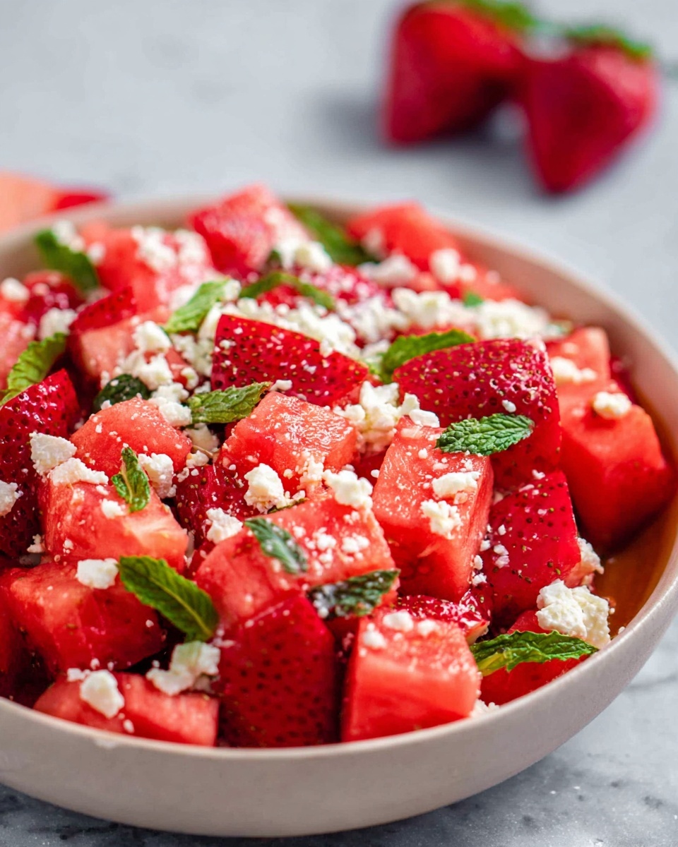 Watermelon Strawberry Salad with Feta and Honey Lime Dressing Recipe 5 A close-up top view of a white bowl filled with a salad made of bright red strawberry halves, vivid pink watermelon cubes, small crumbles of white cheese scattered evenly on top, and thin green mint strips sprinkled throughout. The strawberries show their juicy, slightly shiny texture while the watermelon pieces are smooth and firm. The red and white colors contrast with the fresh green mint leaves, creating a vibrant and fresh look. The bowl sits on a white marbled surface with a lemon slice barely visible on the right side. photo taken with an iphone --ar 4:5 --v 7