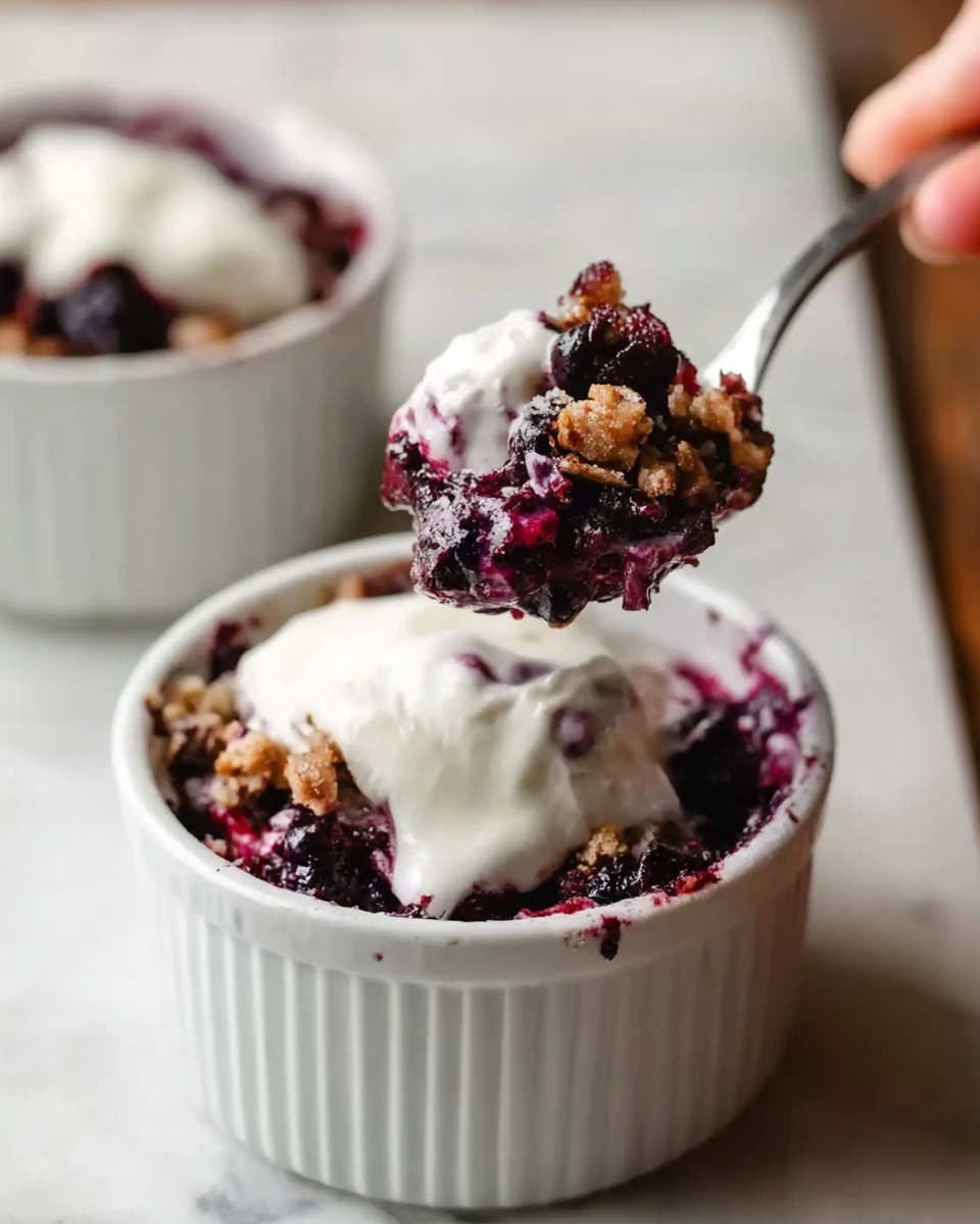 The image shows a white ramekin filled with a dark purple berry dessert topped with a smooth layer of white cream. A silver spoon holds a scoop of the dessert, lifted above the ramekin, showing the mix of berries and crumbly textured pieces inside. Another white ramekin filled with the same dessert is blurred in the background, sitting on a white marbled surface. A woman's hand holds the spoon gently, coming from the right side. The overall colors contrast between the deep purple berries, bright white cream, and silver spoon. Photo taken with an iphone --ar 4:5 --v 7