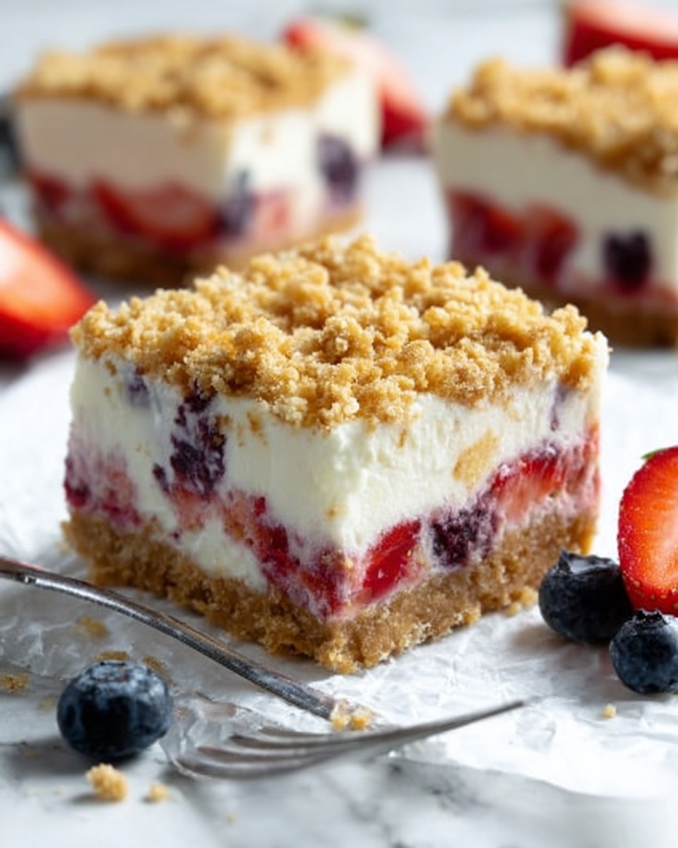 The image shows two stacked dessert bars with three visible layers each. The bottom and top layers are crumbly and golden brown, resembling a crunchy oat or graham cracker crust. The middle layer is thick and creamy white, filled with chunks of red strawberries and whole dark purple blueberries scattered inside. The bars are placed on crumpled white paper with a white marbled surface underneath. There are a few loose berries around the dessert pieces. Photo taken with an iphone --ar 4:5 --v 7